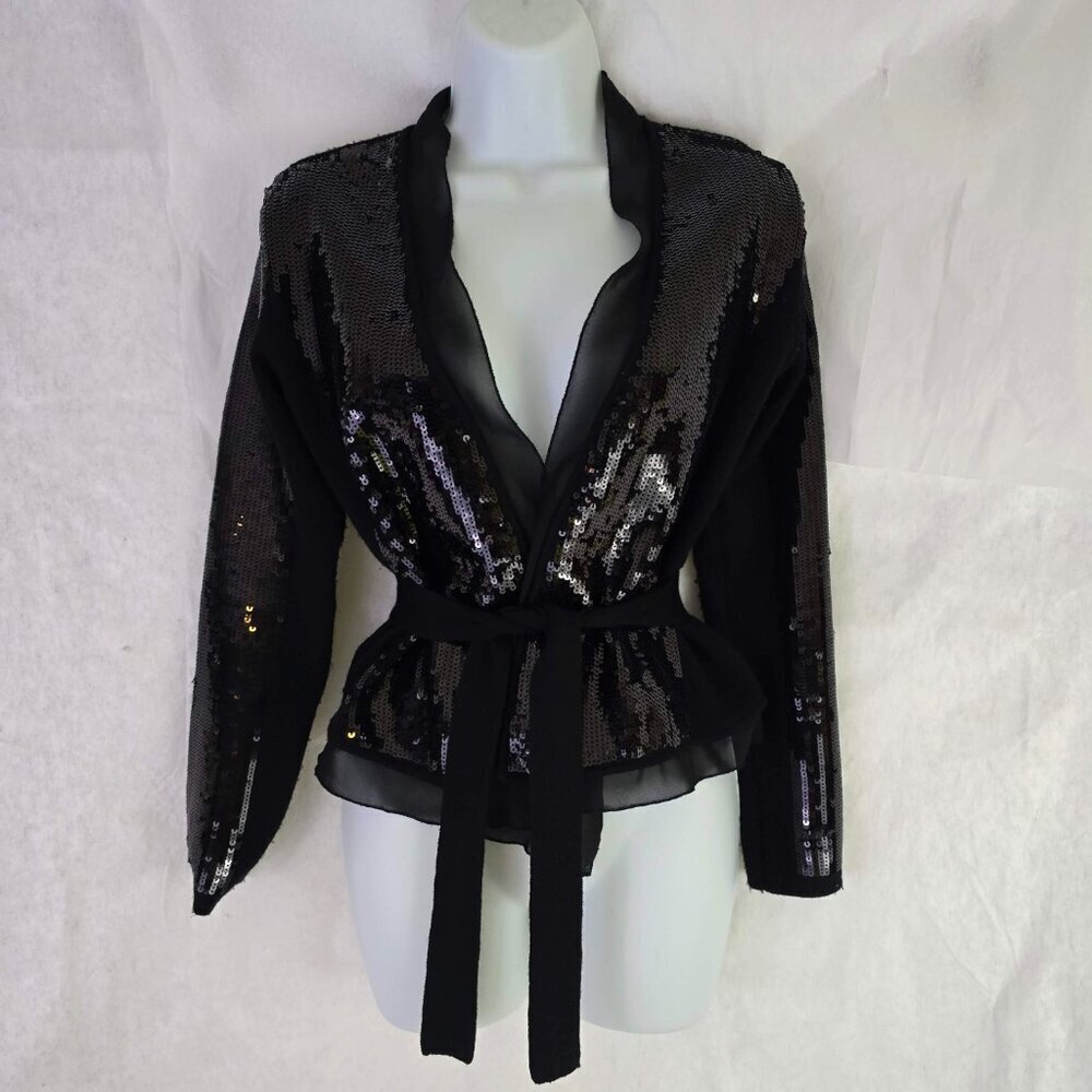 BCBG MAXAZRIA Sequin merino wool cardigan sweater belt jacket size S - Picture 4 of 14